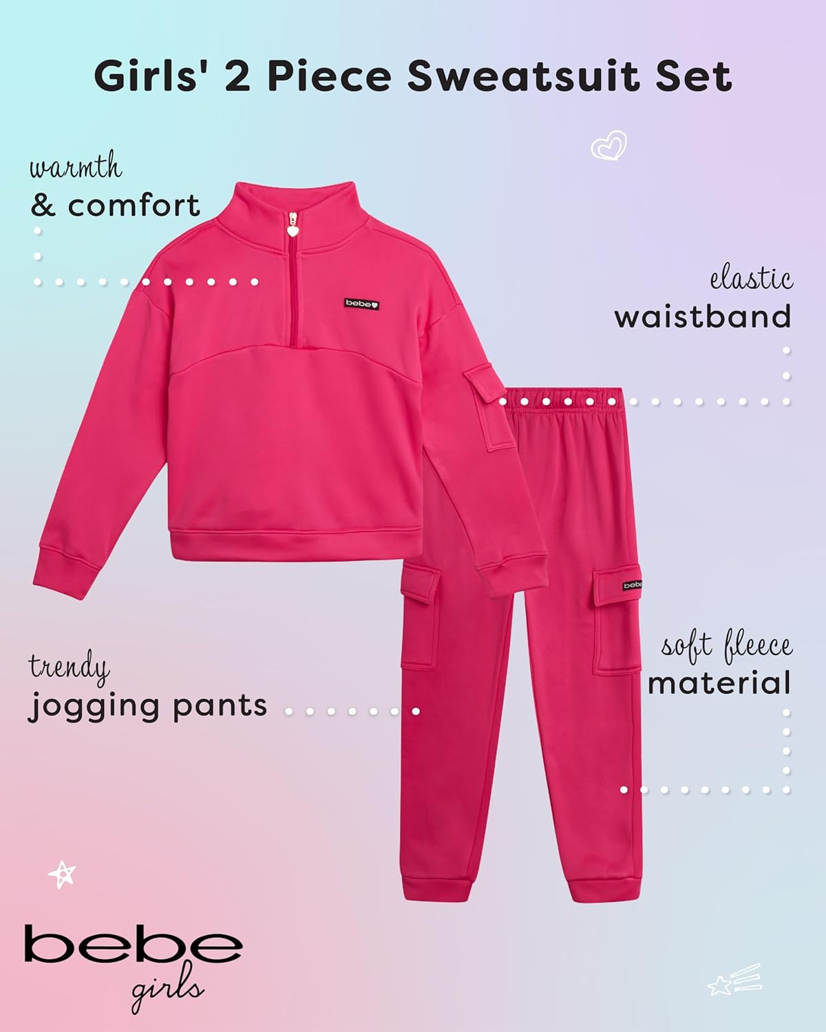 bebe Girls Sweatsuit Set - 2 Piece Fleece Quarter Zip Mock Neck Sweatshirt and Athletic Cargo Sweatpants Activewear Set - Image 2