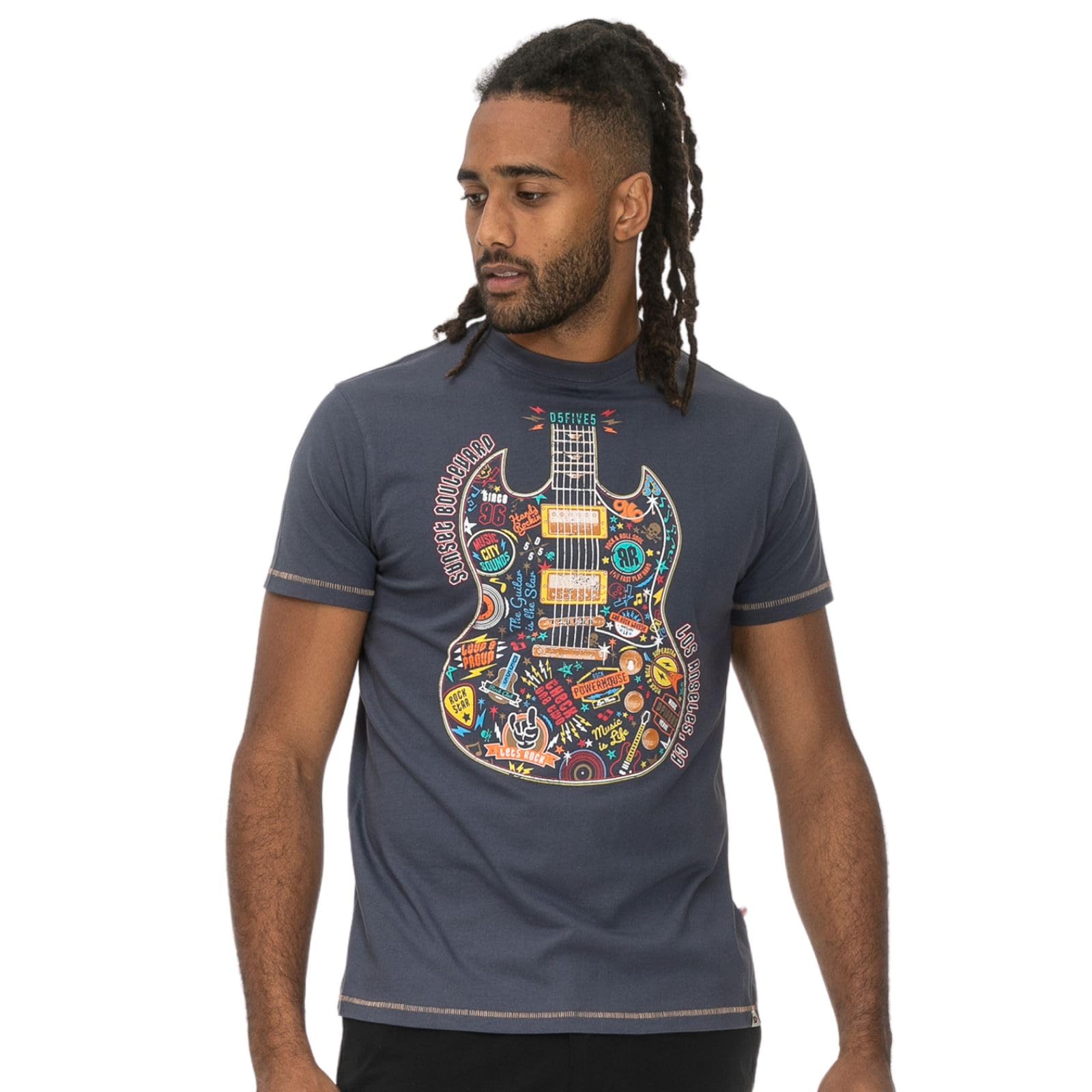 D555 Stockport Guitar Print Crew Neck T-Shirt for Men in Denim, 2XL