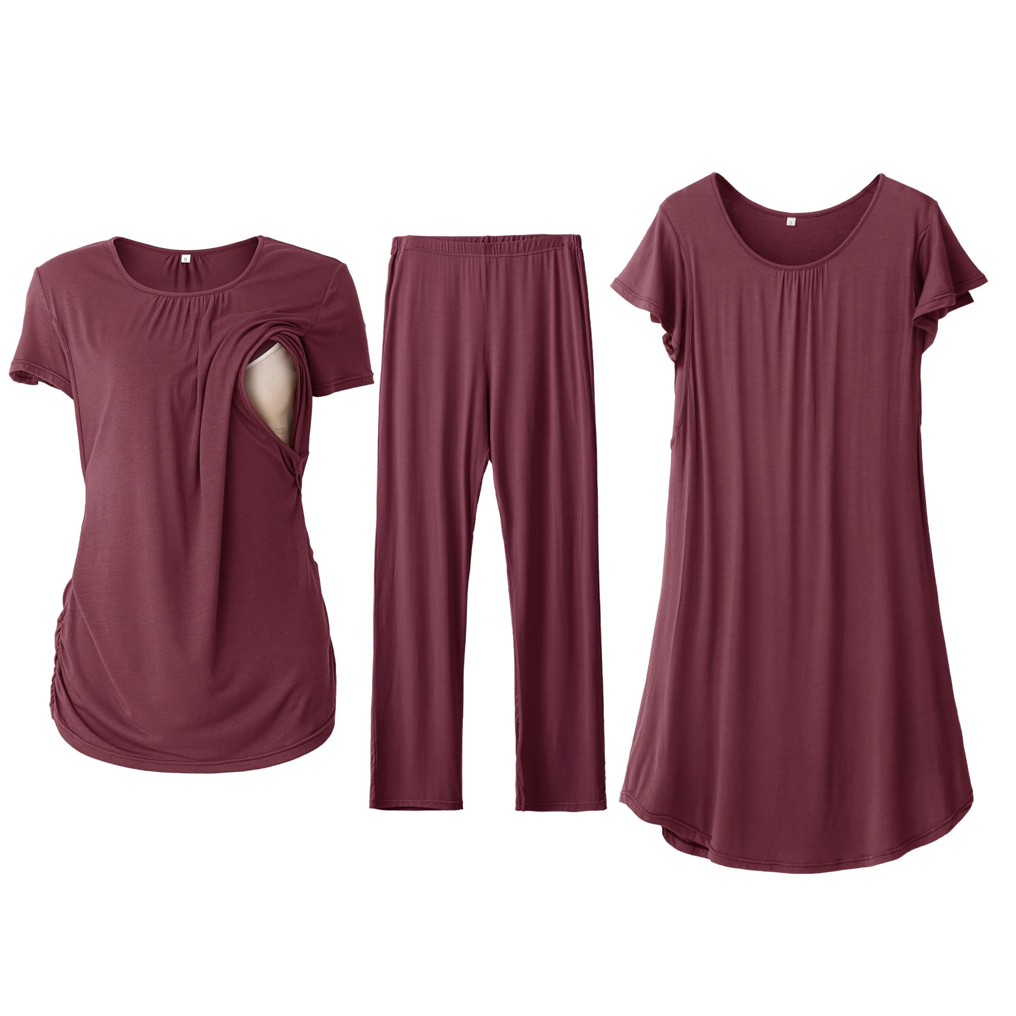 SUNNYBUY Women 3 PCS Maternity Nursing Nightgown Dress & Short Sleeve Breastfeeding Top & Pregnancy Pants Sleepwear Set