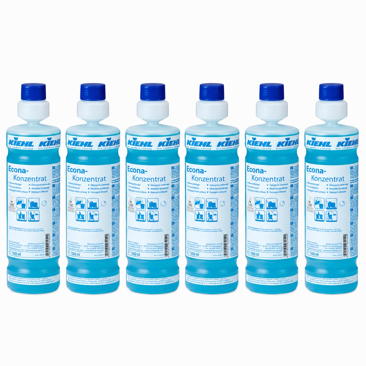 Kiehl Econa Concentrado Limpiador Multiusos Profesional Ecolabel Pack 6 x 1 L con Dosificador, Ecológico para Suelos Superficies y Objetos, Secado Rápido Sin Rayas