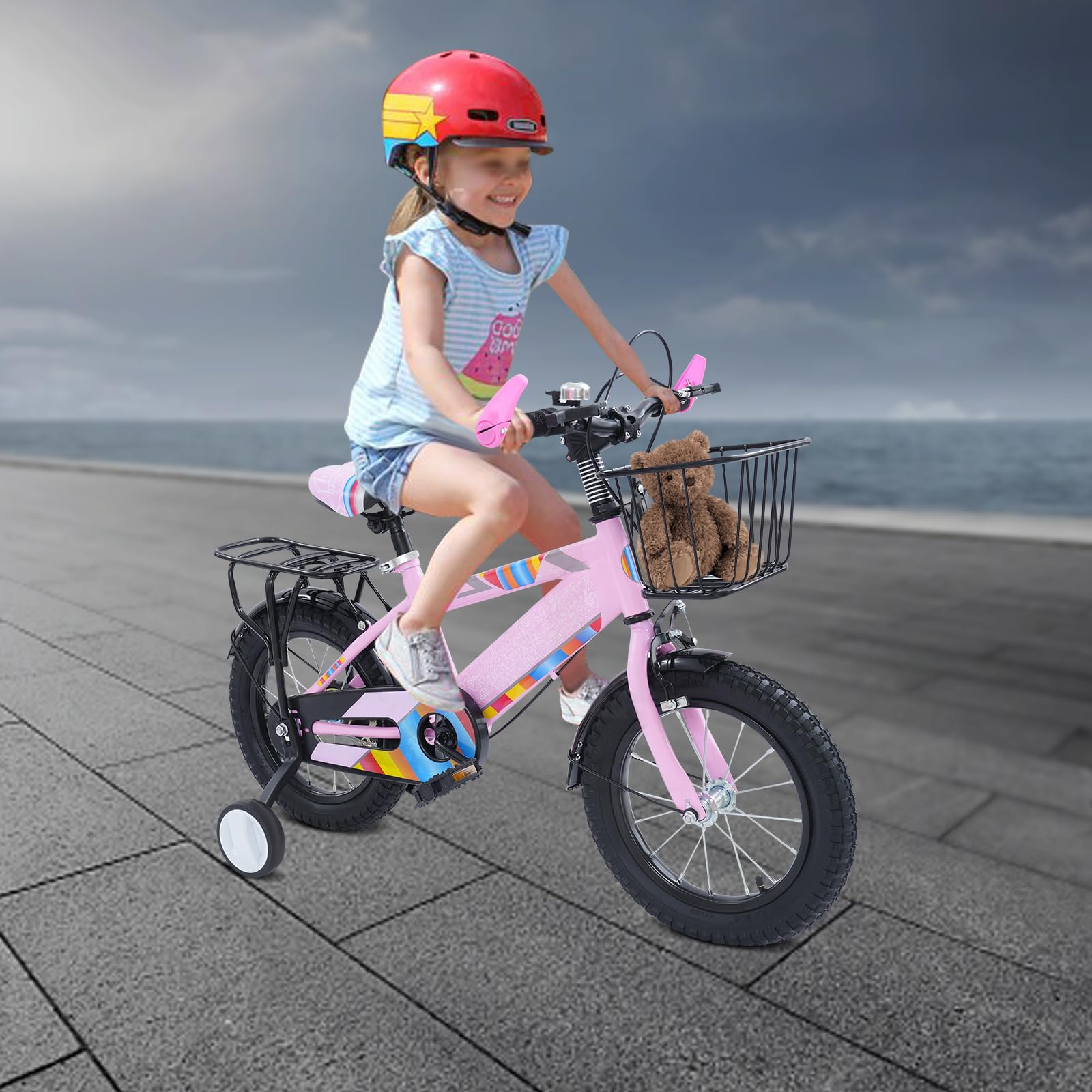 14 Zoll Kinderfahrrad, Jungen und Mädchen Fahrrad Kinder mit Stützrädern und Korb, Klingel, Höhe Einstellen Kinder Fahrrad, Trainingsfahrrad für 3-6 Jahre Jungen und Mädchen