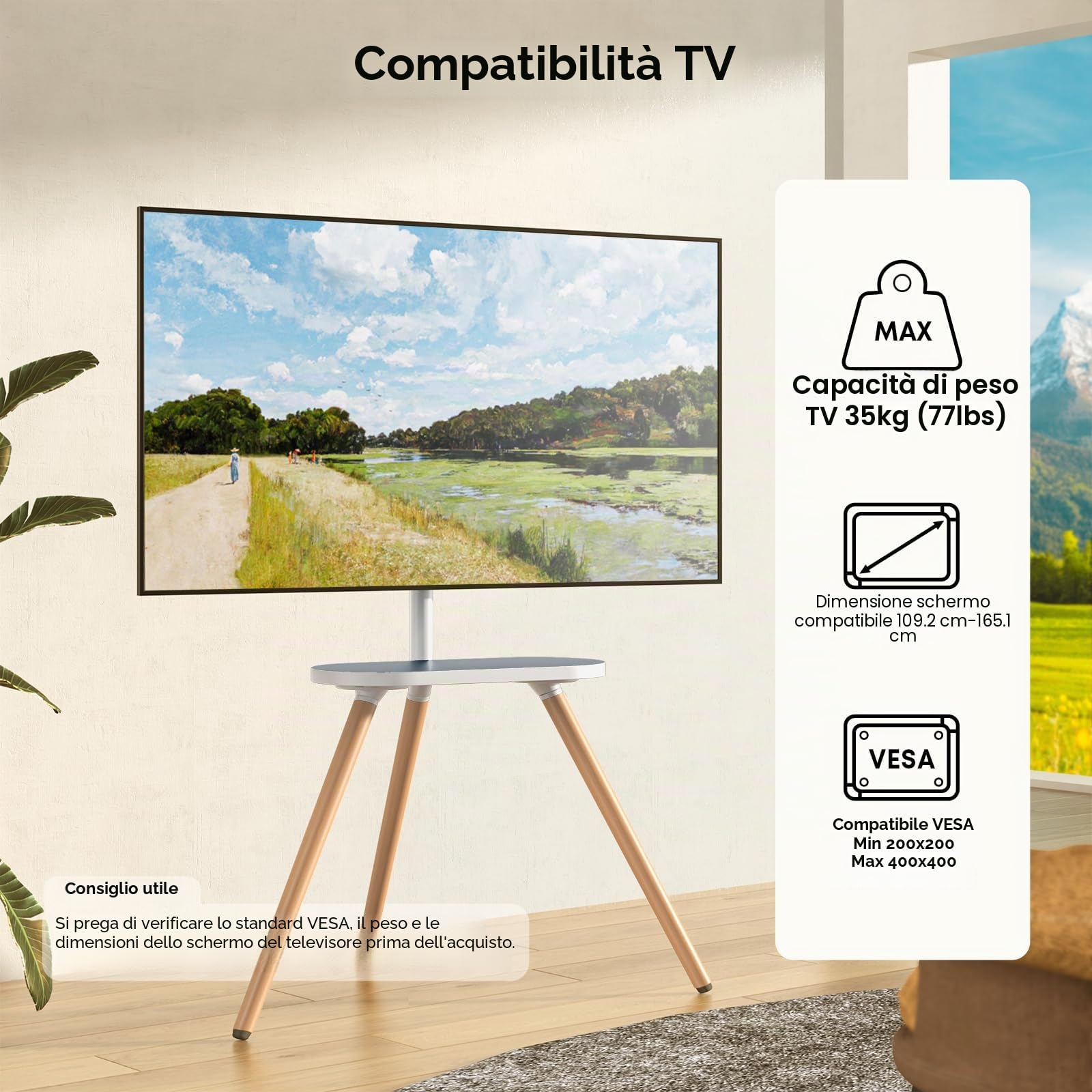 PUTORSEN Tripod Supporto TV Universale, Dimensioni Schermo 43"-65", LCD/LED/OLED/QLED, Girevole e Adattabile in Altezza, Max VESA 400 x 400mm, Design Elegante, Bianca