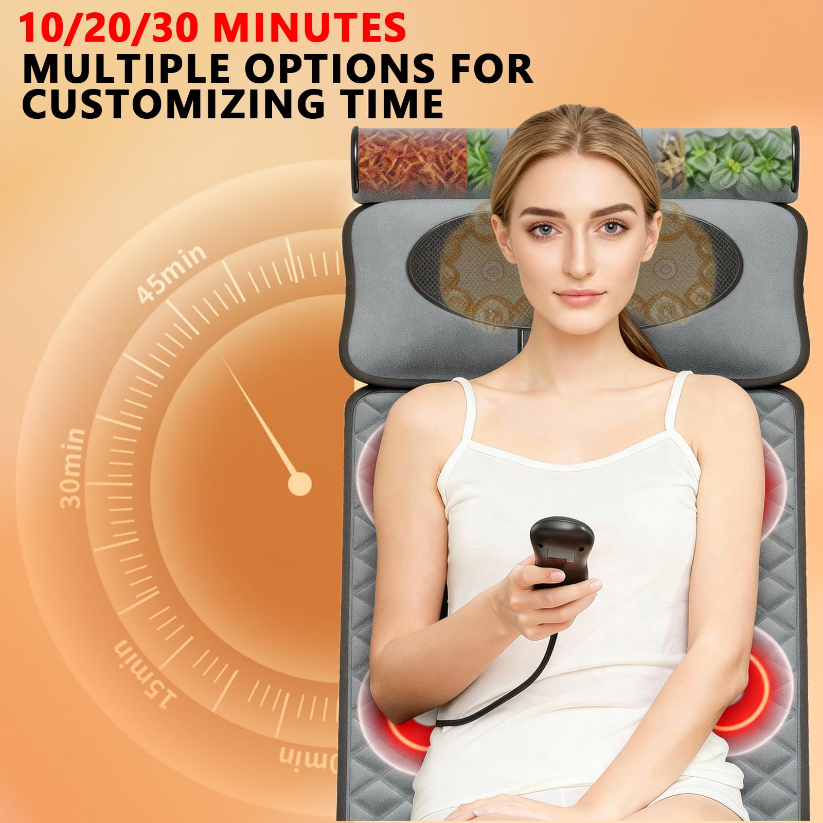 Massagematte Elektrisch, Massagematte Ganzkörpermassage mit Wärmefunktion-9 Einstellbare Modi, Abnehmbarer Massageauflage für Kopf/Nacken/Taillen/Rücken/Hüft/Beinmassage