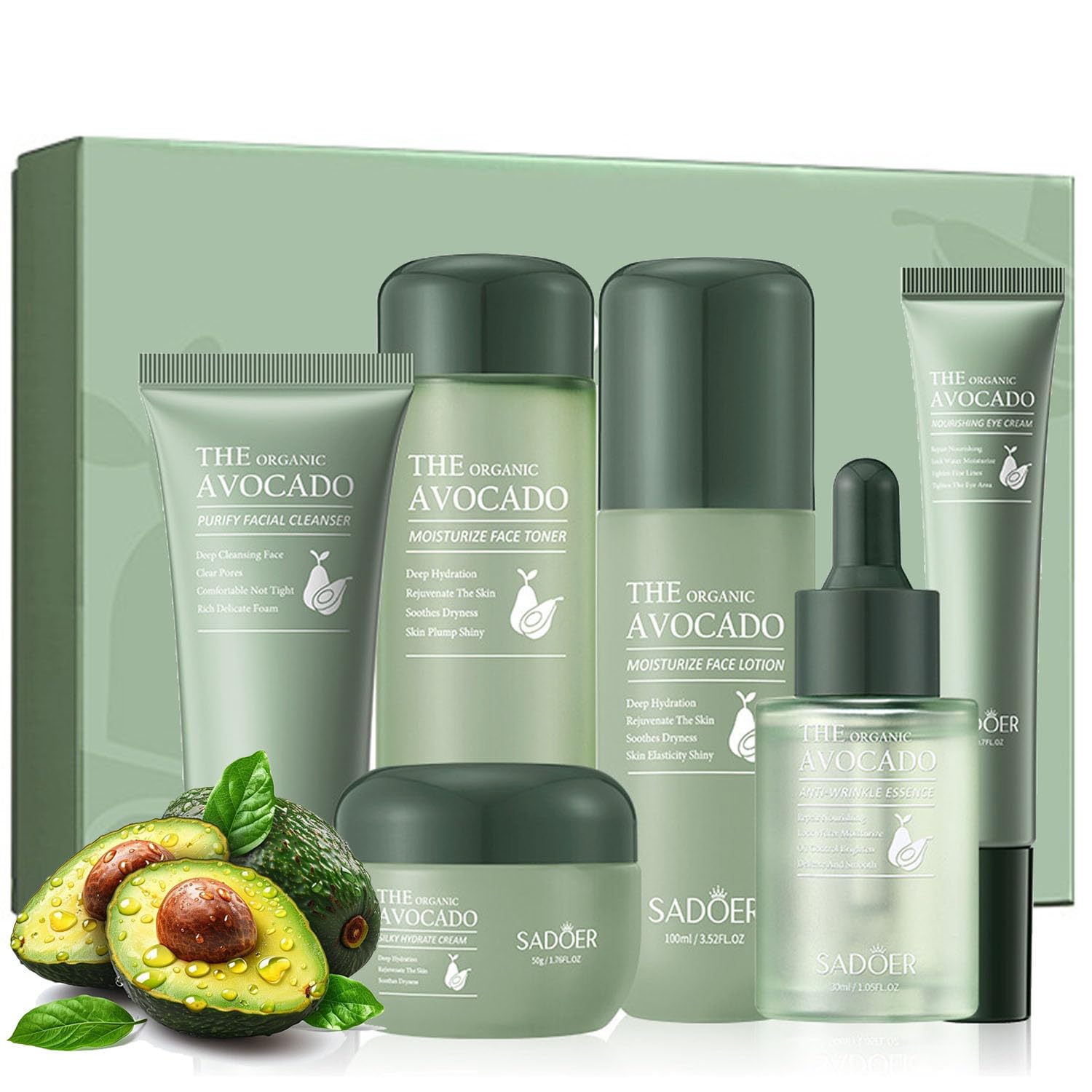 Avocado Skincare Sets, 6pcs Skin Care Gift Set with Lip Balm, Toner, Lotion, Face Serum, Eye Cream For Hydrating Skin, Anti-Aging Skin For Women Teen Girls (Extra Large, 6, Count)