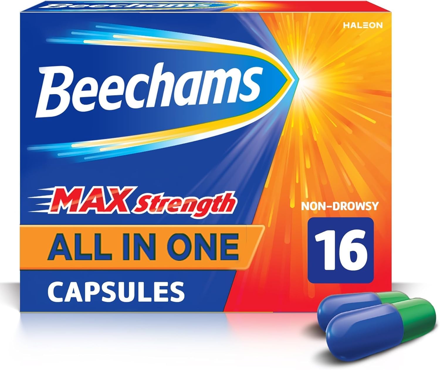 Beechams Max Strength All in One Cold & Flu Capsules - 16 Pack - Non-Drowsy Relief for Coughs, Sore Throats, Blocked Noses & Fever