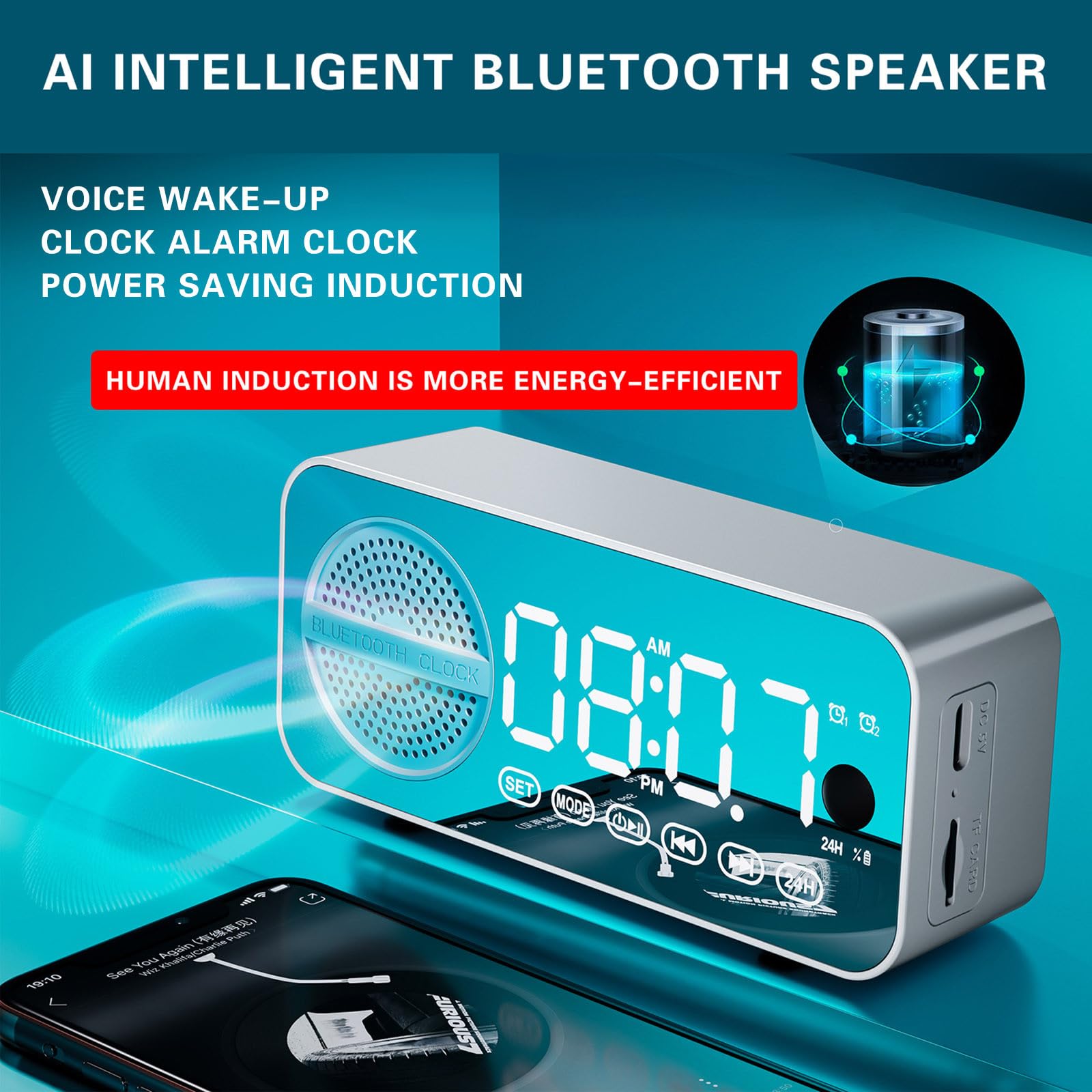 Budzik z głośnikiem Bluetooth, podwójnym budzikiem, HiFi Shock Bass, wyświetlaczem LED, baterią o długiej żywotności, wielofunkcyjnym budzikiem z elektronicznym wyświetlaczem LED/1637