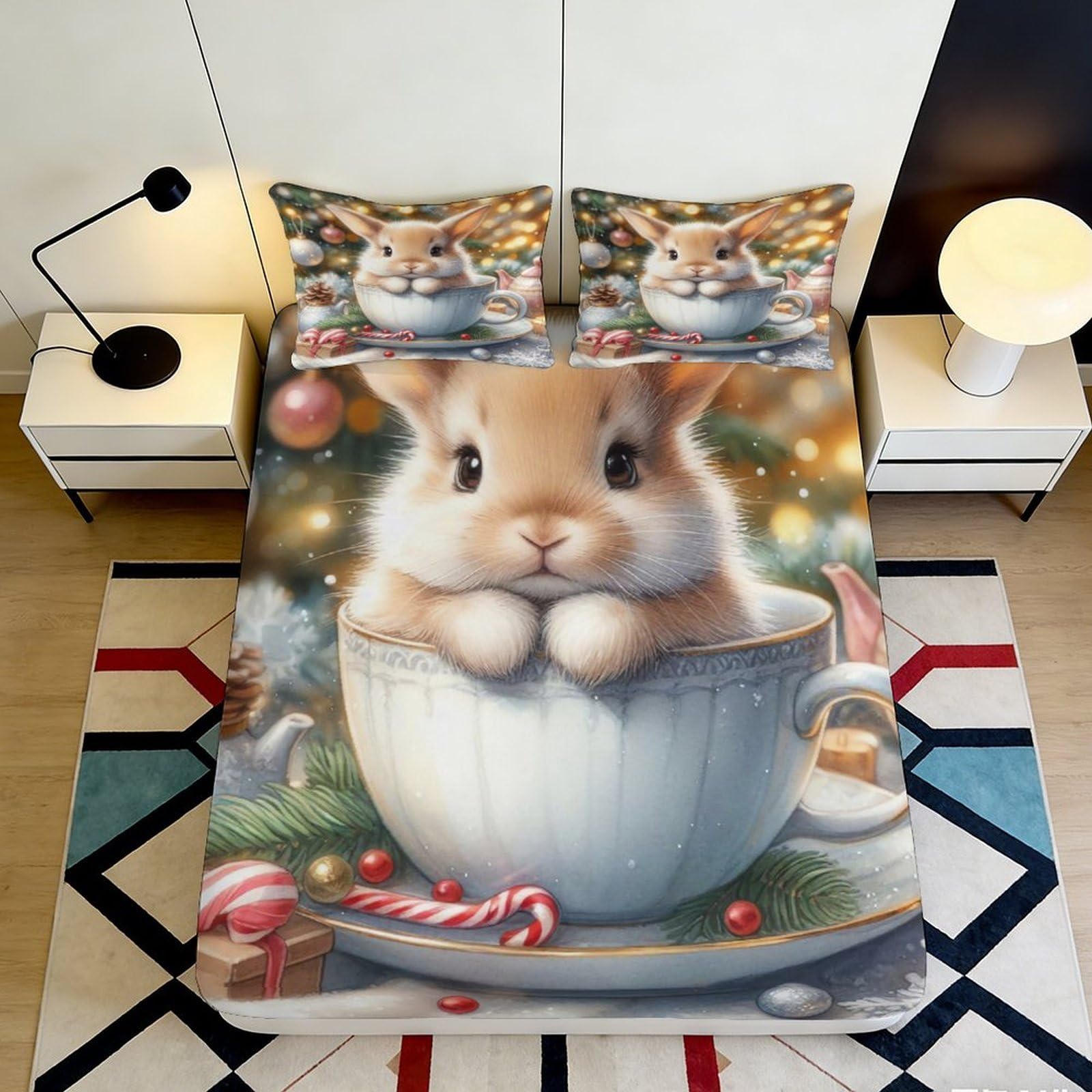 Decorative Bunny Teacup Fitted Sheet 3D Printed, Microfiber, soft touch, guest room bedding, wrinkle resistant, easy to wash, bed cover for home decor, 180x200x25cm