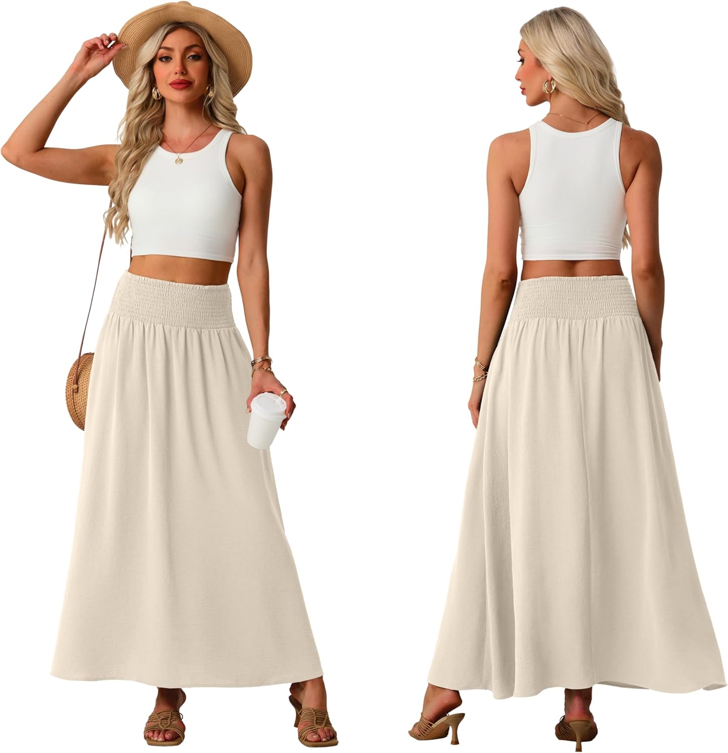 Lepunuo Maxi Skirts for Women Smocked Elastic High Waisted Casual Boho Swing Pleated Beach Long Skirts with Pockets - Image 4