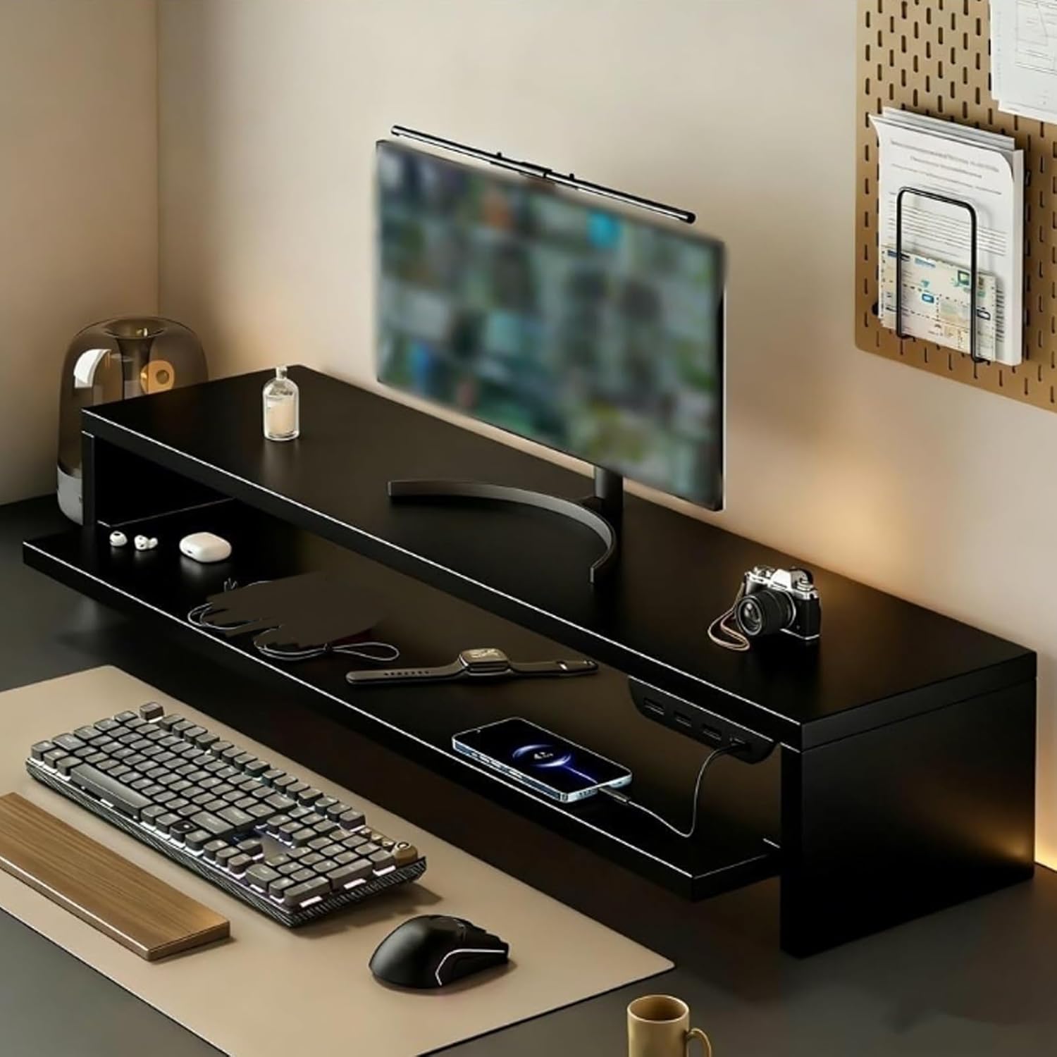 Wooden Monitor Stand with Charging Ports, Desktop Riser with USB Outlet, Ergonomic Computer Stand for Home Office, Laptop Screen Desk Organizer(Black,80cm/31.5in)