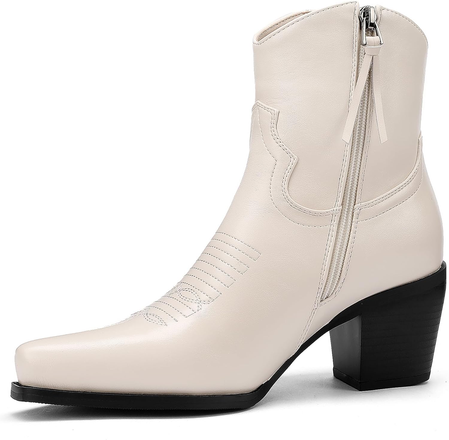 Women's Western Ankle Boots with Side Zip, 2.5-Inch Block Heel, Embroidered Pointed Toe for Casual and Concert
