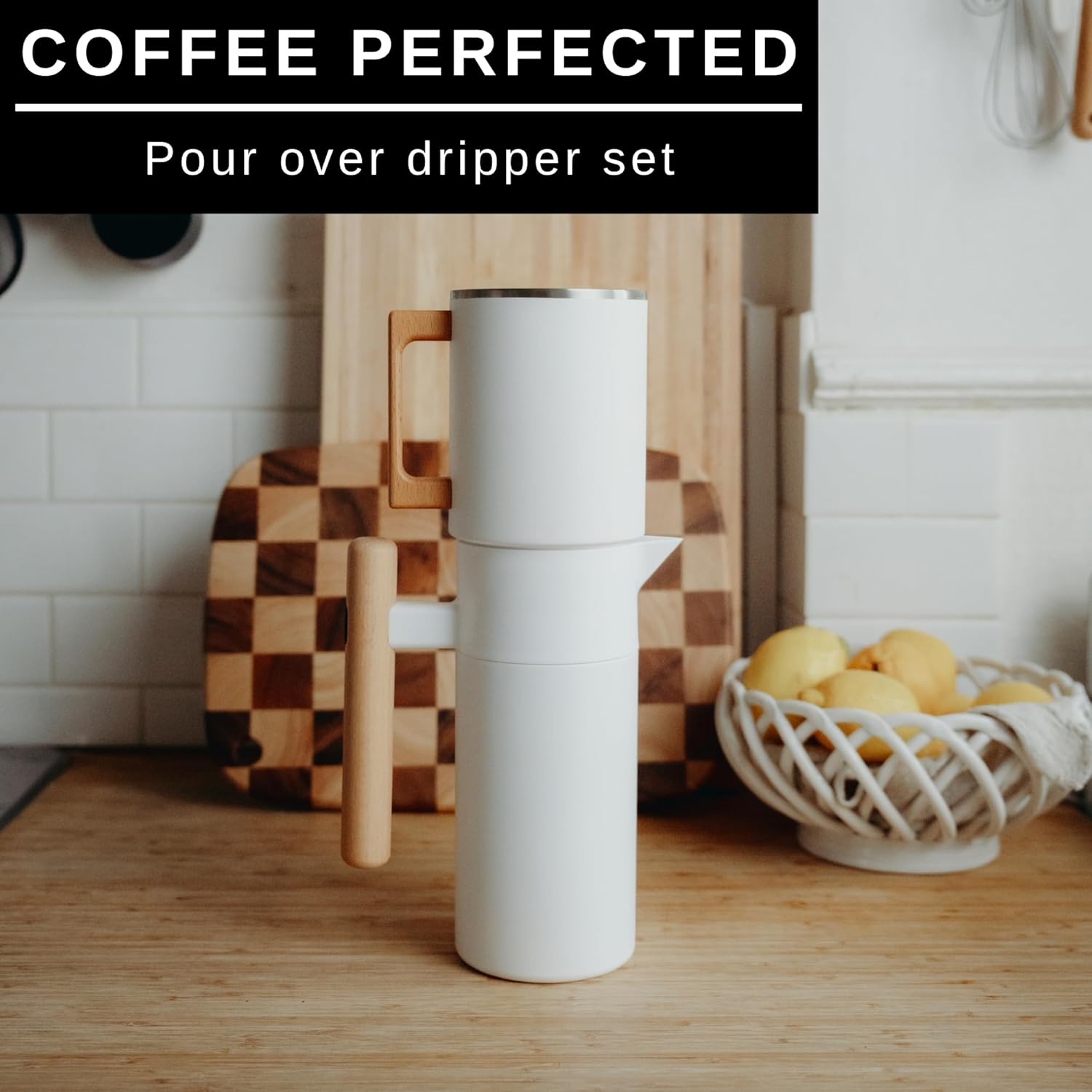 HASTINGS 40 Oz Pour Over Coffee Maker Set with Double Layer Reusable Stainless Steel Filter 8-Cup and Wood Handle - Dual Wall Heat Resistant Drip Coffee Brewer, Pour Over Coffee Dripper Carafe, White