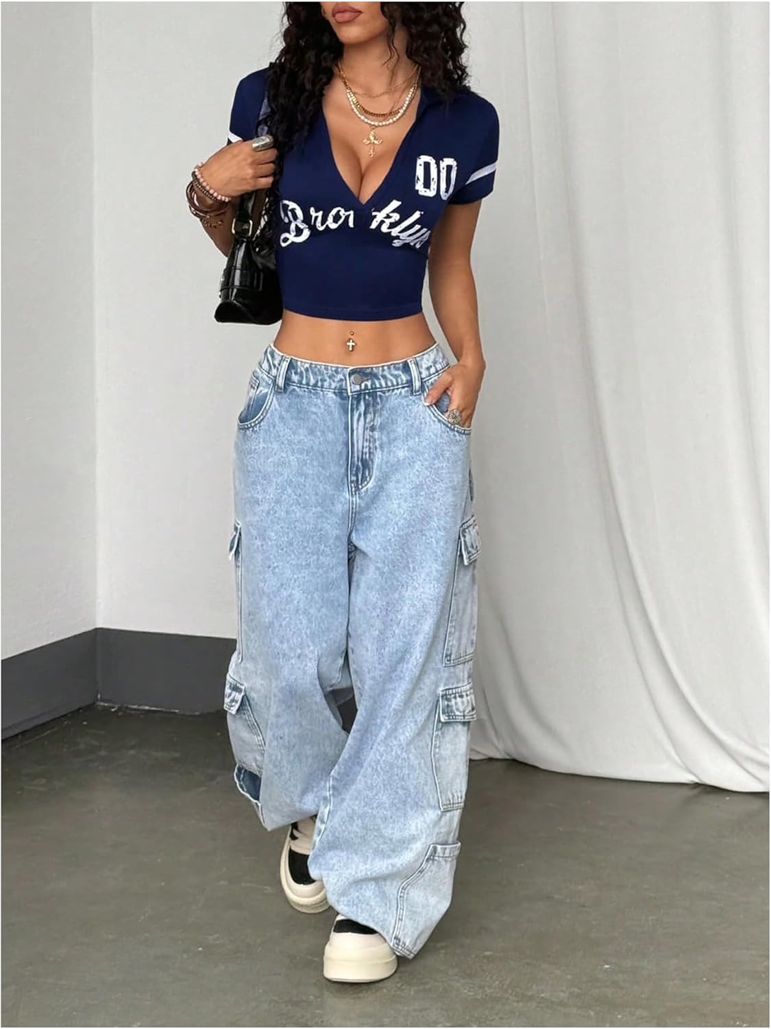 MakeMeChic Women's Letter Print Deep V Neck Crop Tops Short Sleeve Fitted Y2k Tee Shirt - Image 5