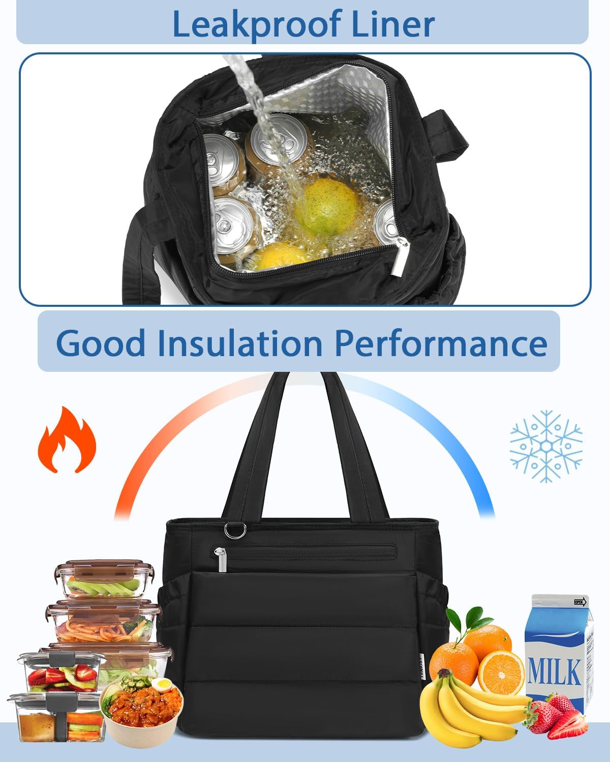 Lunch Box Tote Bag - Versatile Soft Insulated Lunchbox for Women - Lightweight Stylish Simple Lunch Pail Reusable Large Cooler Bag for Adults Work Office Camping Picnic Travel Outdoor Trips Black 10L - Image 5