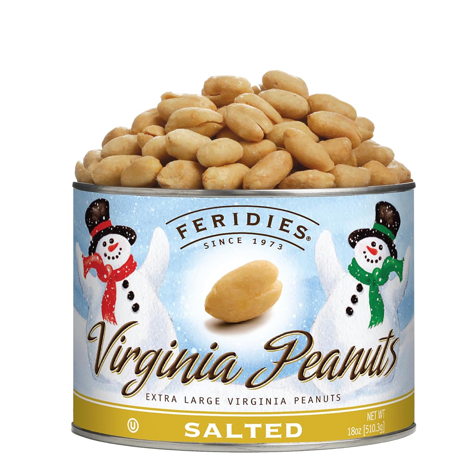 FERIDIES Holiday Snowmen Extra Large Salted Virginia Peanuts - 18oz Resealeble Can of Crunchy Salted Nuts