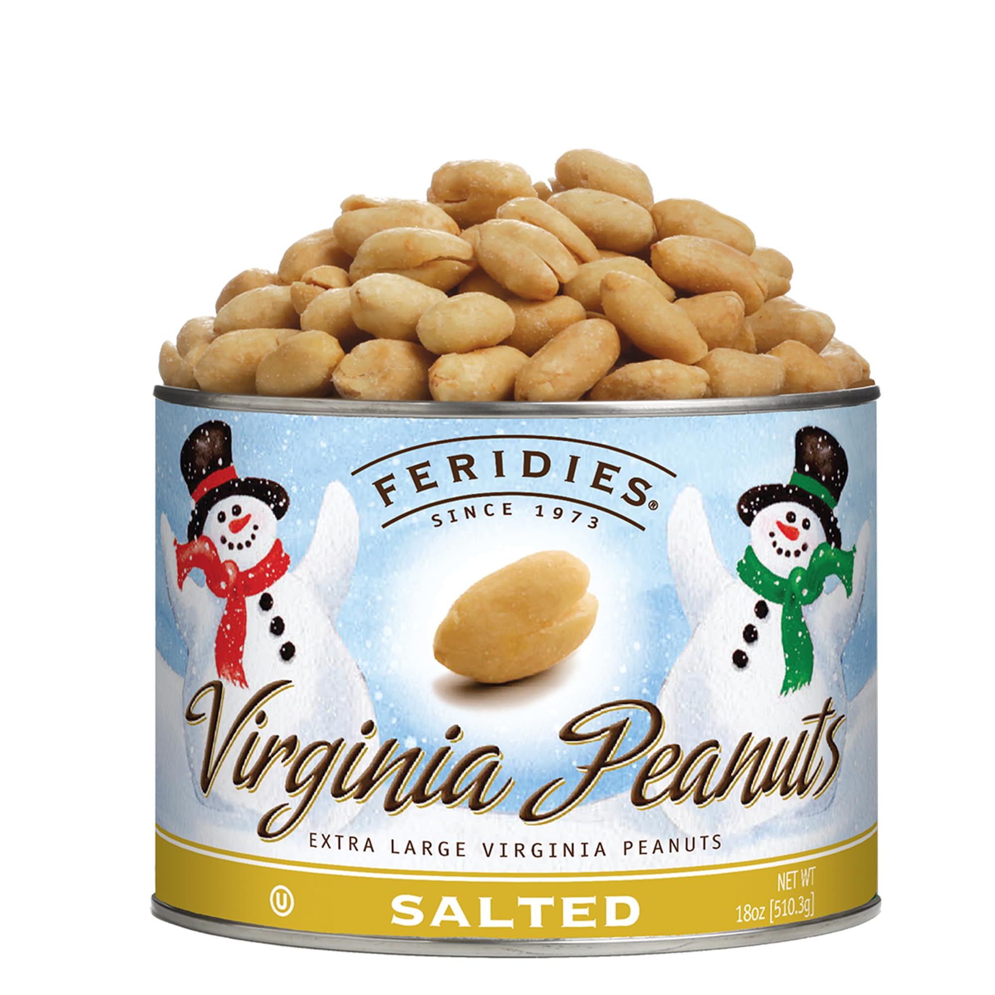 FERIDIESHoliday Snowmen Extra Large Salted Virginia Peanuts - 18oz Resealeble Can of Crunchy Salted Nuts