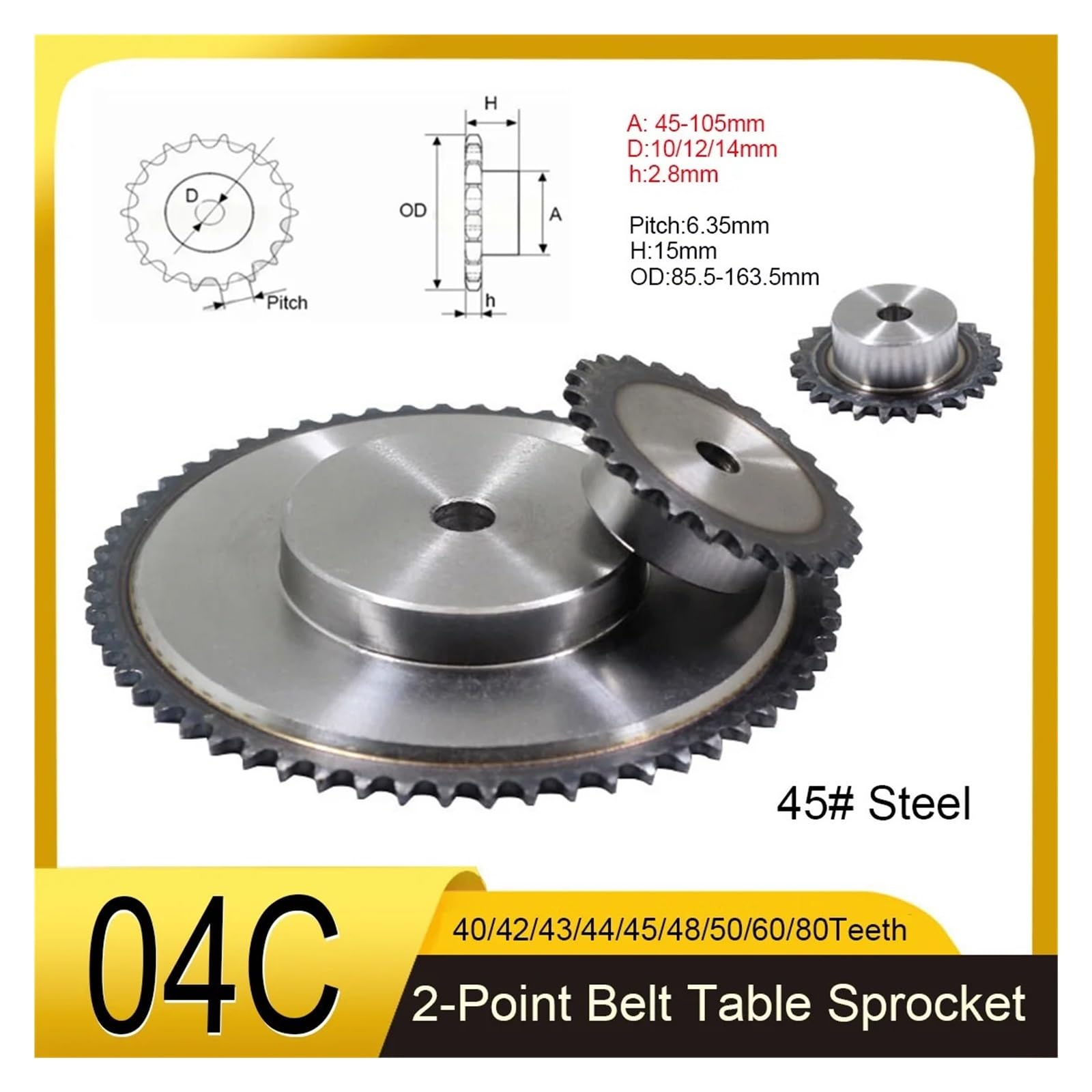 Piñón de mesa con correa 04C, 40/42/43/44/45/48/50/60/80 dientes 45#, orificio accionamiento Industrial acero, paso 10/12/14mm, 6,35mm, 1 Uds(50Teeth)