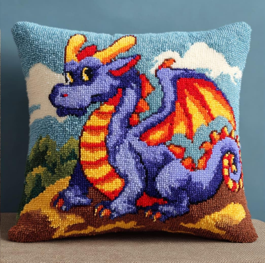 WallustrioaW DIY Latch Hook Pillow Kit,Dinosaur Pillowcase Kits Embroidery Kits 17X17 Inch DIY Needlework Pillow Cover Sofa Cushion Rug Making