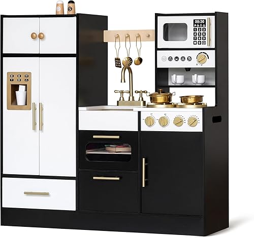 Juego de cocina interactiva de madera para niños de 3 años en adelante, sonido realista de estufa y máquina de hielo con 12 accesorios de cocina,