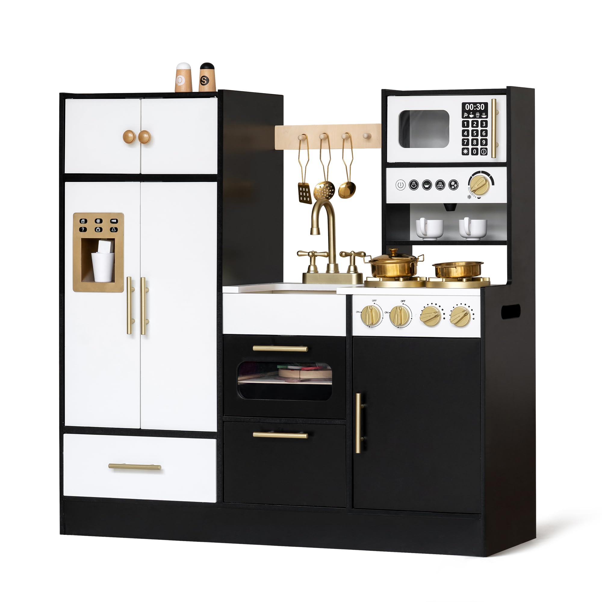 Interactive Wooden Play Kitchen for Kids 3+ Realistic Stove Sounds & Ice Maker Pretend Playset with 12 Kitchen Accessories Montessori Toy