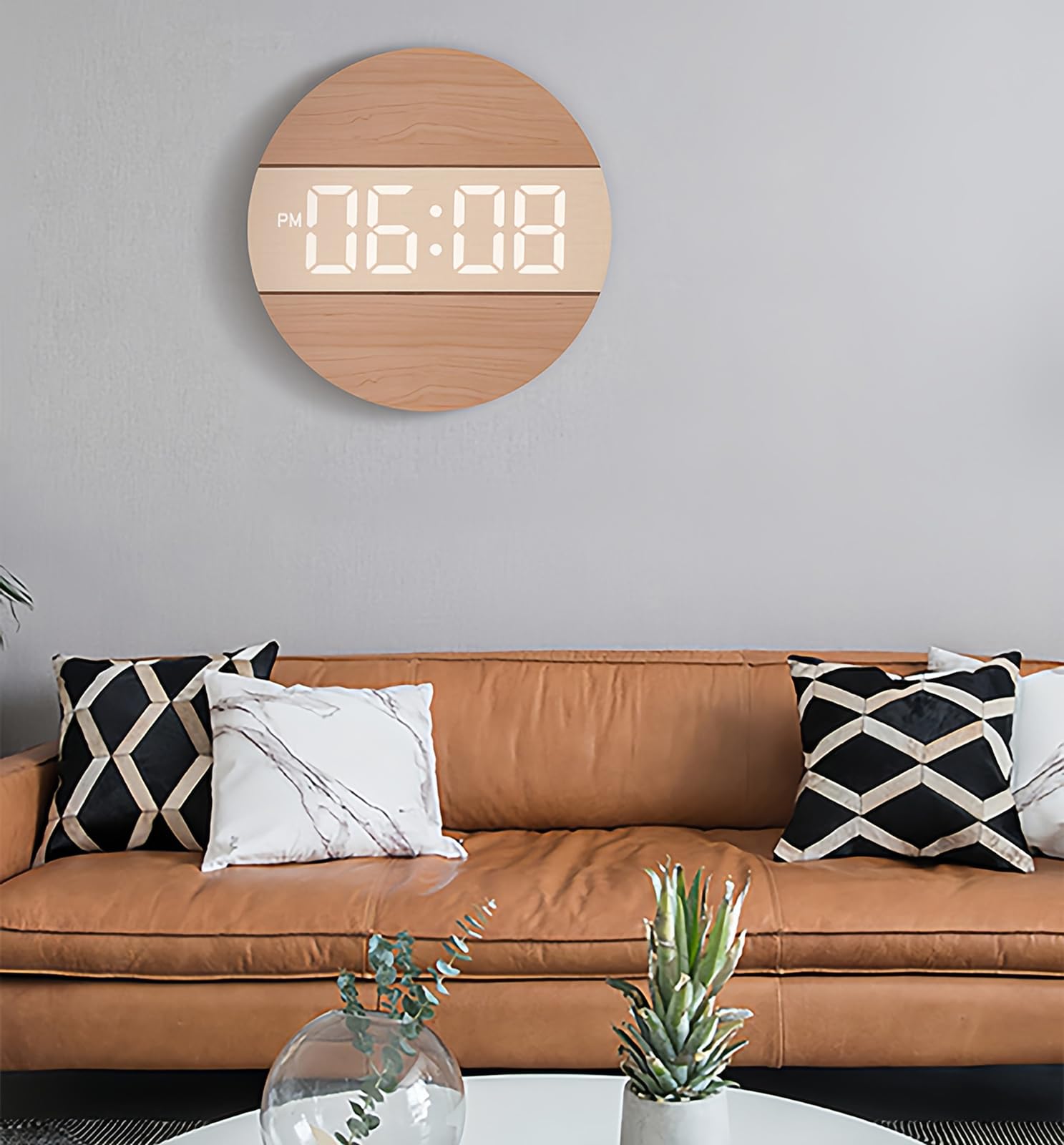 Elektronische Wanduhr mit Automatisch Dimmen Stille LED Großanzeige Holz Rund 12/24 Stunden Schalter Hängend Plug-in für Zuhause Wohnzimmer Büro