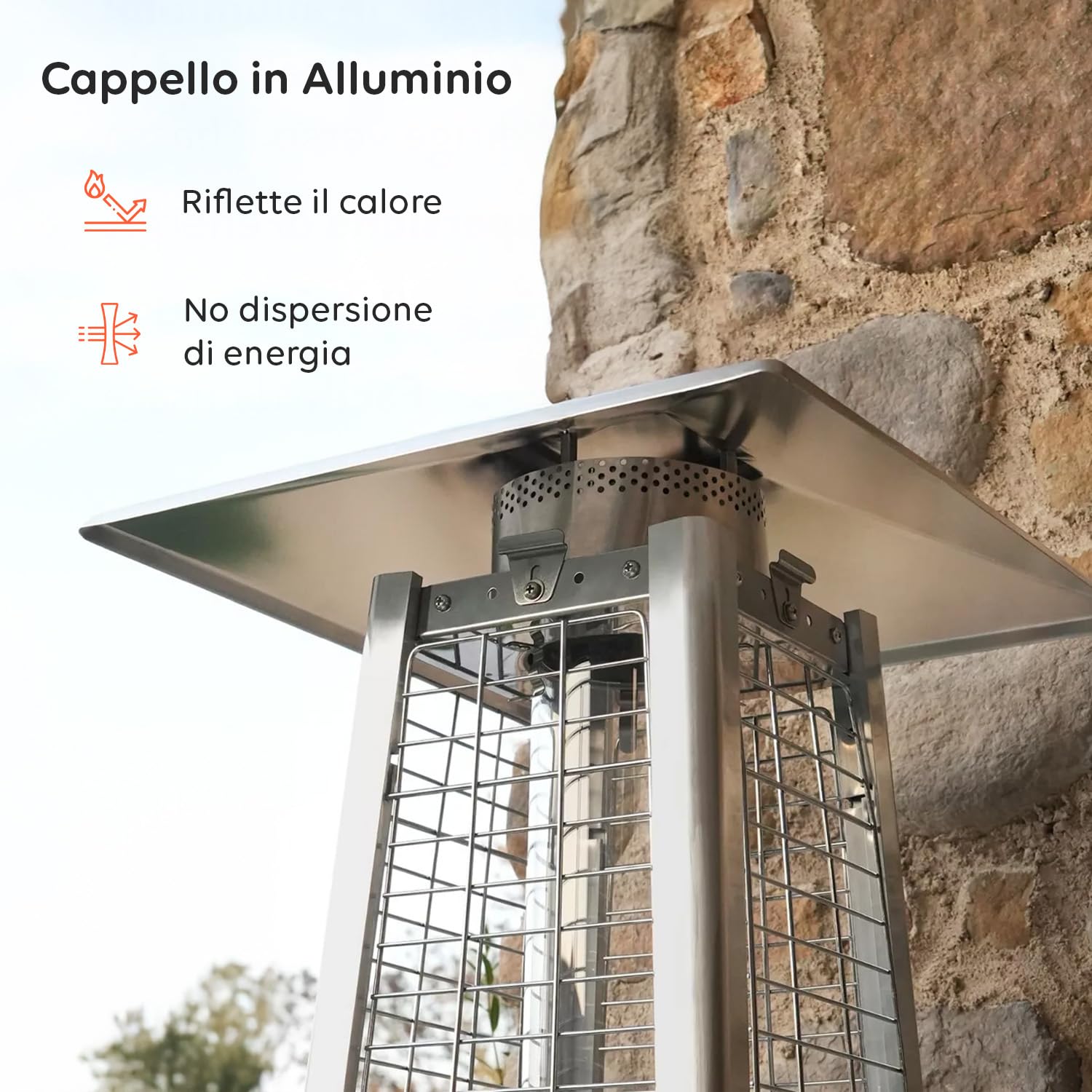Avilia – Stufa Piramidale a Gas da Esterno Aura 12kW con Accensione Piezoelettrica e Termostato Regolabile per Terrazze e Giardini, Funzionamento con Bombola GPL o Butano, Design Moderno - Grigia