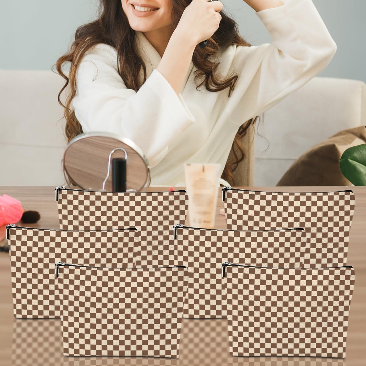 6 Pcs Checkered Makeup Bags Make up Bag Cosmetic Bags for Women Girls Wife Mom Aunt Valentine's Day Christmas Birthday Travel Toiletry Bag Aesthetic Zipper Organizer Accessories, Cute Brown Plaid image 5