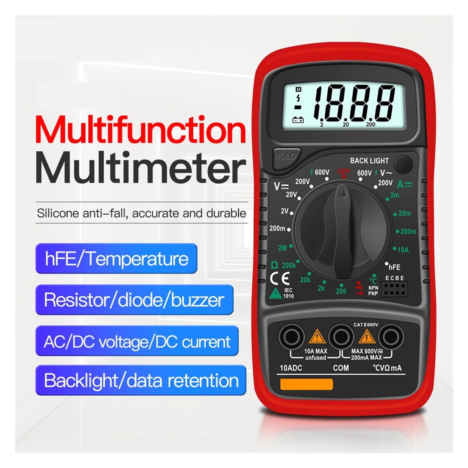 Cyfrowy Multimetr Auto Zakres Podświetlenia AC/DC Amperomierz Volt Ohm Tester Przenośny Miernik Multimetro Z Termoparą Szybko Dokładnie Łatwy Odczyt(Red)