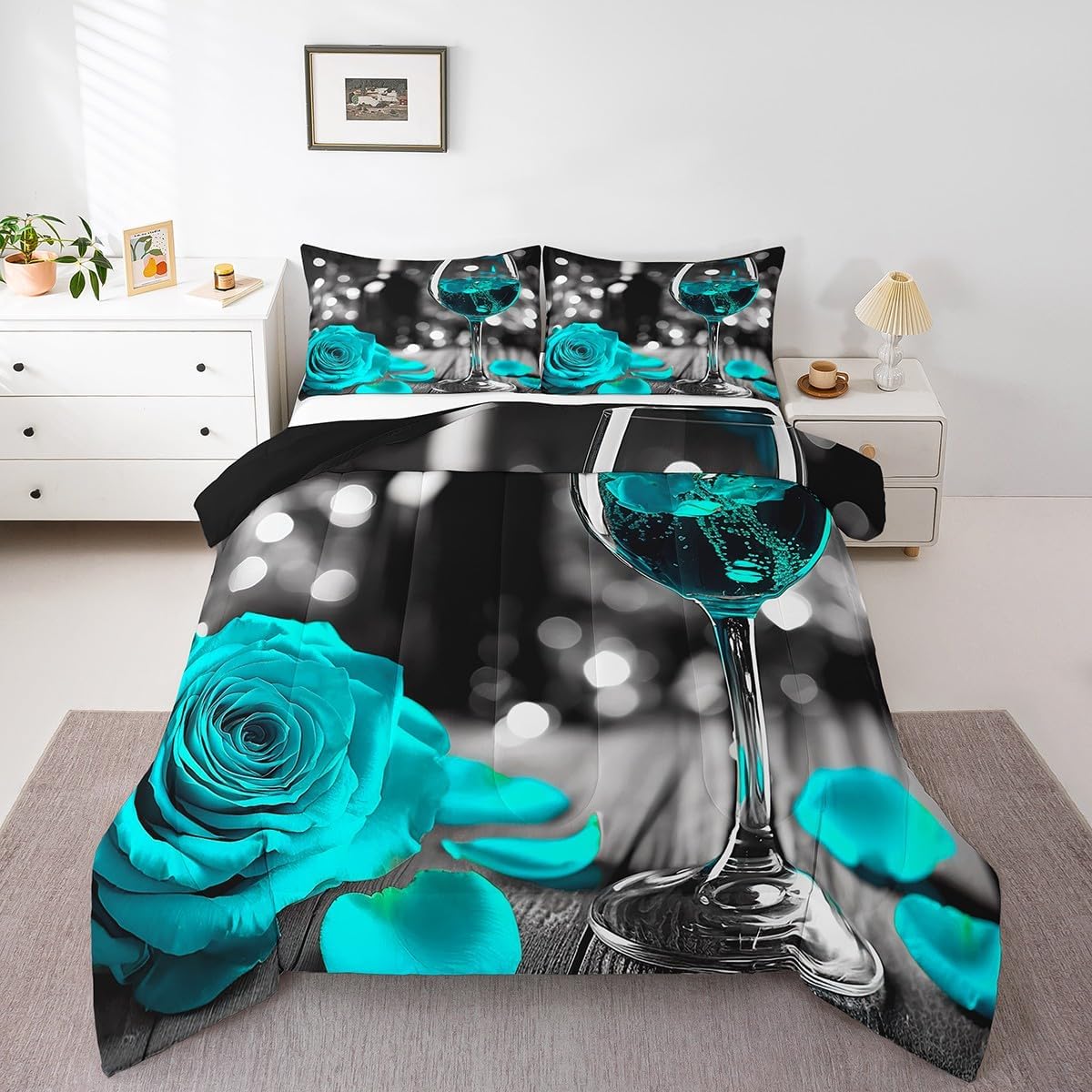Feelyou Blue Rose Comforter Set Rose and Wine Comforter Set Valentine's Day Comforter for Kids Boys Girls Romantic Duvet Set Adult Bedroom Decor with 1 Pillow Case