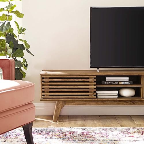 Miniatura 25 de Modway Render Mid-Century - Mueble de TV moderno de perfil bajo de 70 pulgadas para consola multimedia en color blanco nogal, 70 pulgadas Blanco de