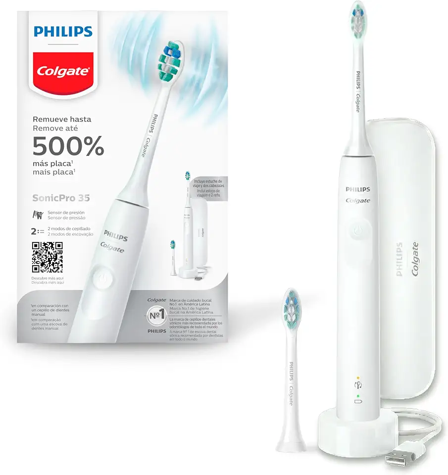 Philips Colgate Escova De Dente Elétrica Sonic Pro 35, Remove 500% Mais Placa, 2 Modos, Sensor De Pressão, Recarregável, Bivolt, 2 Cabeças, Estojo De Viagem
