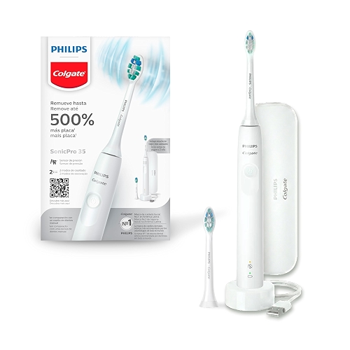 Philips Colgate Escova De Dente Elétrica Sonic Pro 35, Remove 500% Mais Placa, 2 Modos, Sensor De Pressão, Recarregável, Bivolt, 2 Cabeças, Estojo De Viagem