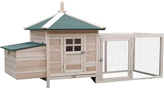 PawHut 77" Wooden Chicken Coop with Nesting Box, Ramp Run & Removable Tray - Outdoor Hen House for Backyard Chickens Rabbits