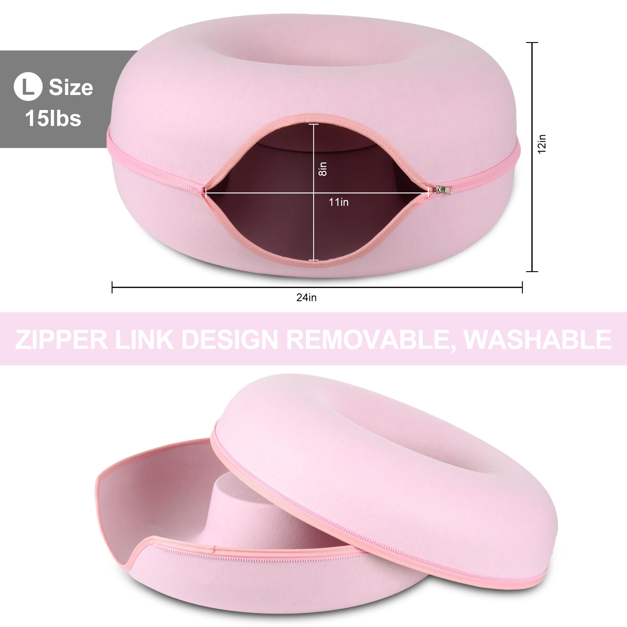 سرير قطط مع نفق، كهف للقطط، سرير للقطط المنزلية الكبيرة والحيوانات الأليفة الصغيرة، تصميم دائري قابل للفصل من اللباد، أنبوب لعب، نفق لعب داخلي قابل للغسل (24 سم، رمادي داكن)