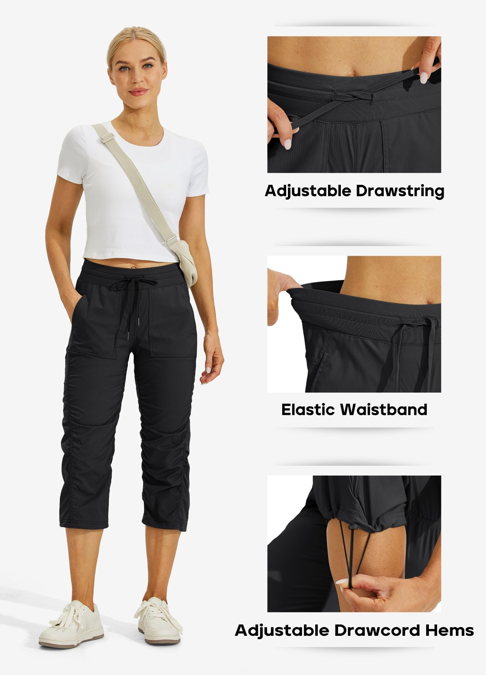 Willit Pantalones de viaje capris de secado rápido para mujer, ligeros, tejidos a rayas, para senderismo, entrenamiento, pantalones casuales con bolsillos