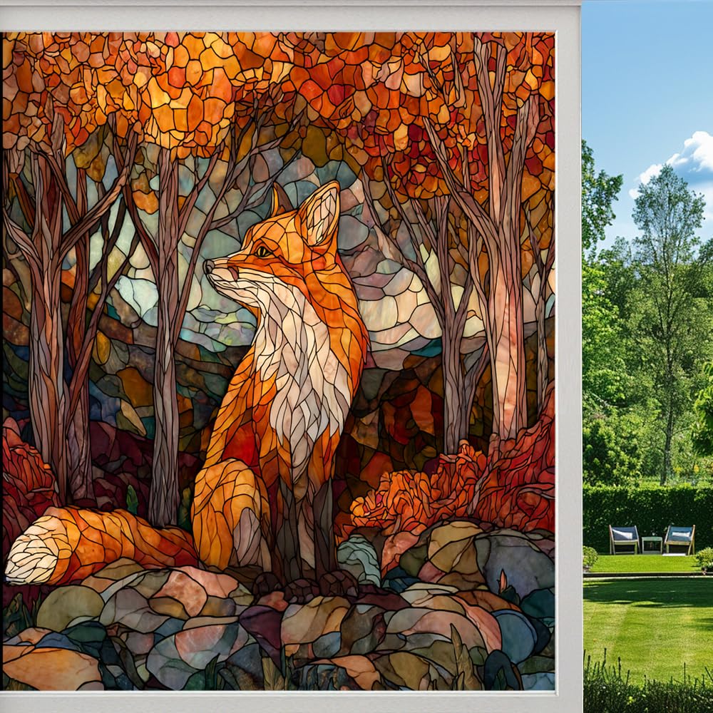 Autumn Forest Animal Frosted Window Film, Retro Trees Fox Wildlife Stained Glass Privacy Film, Heat Insulation Self-Adhesive Vinyl for Bathroom Office, （70x100cm）