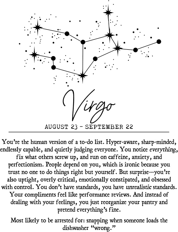 Virgo Zodiac Wall Art Print – Snarky & Funny 11x14 Unframed Astrology Poster with Constellation & Satirical Traits – Horoscope Decor Gift for Virgo Women or Men – Sassy Virgo Birthday Wall Decor.