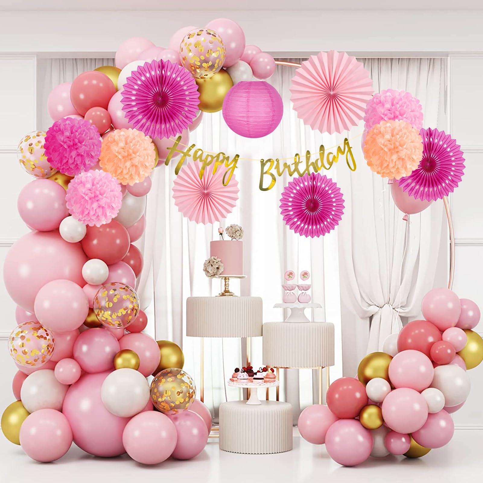 Geburtstag Deko Set Rosa-weiß-roségold – 21-teilig Mit Banner, Laternen, Pompoms & Girlande