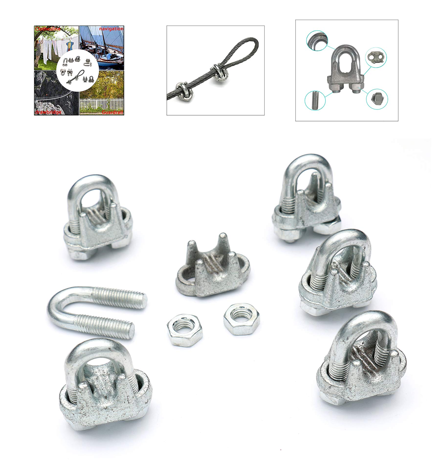 Castuvy 6Pack Wire Rope Clamp/Wire Clamp 3/8" Galvanized, Hardware Rigging Wire Rope Lock