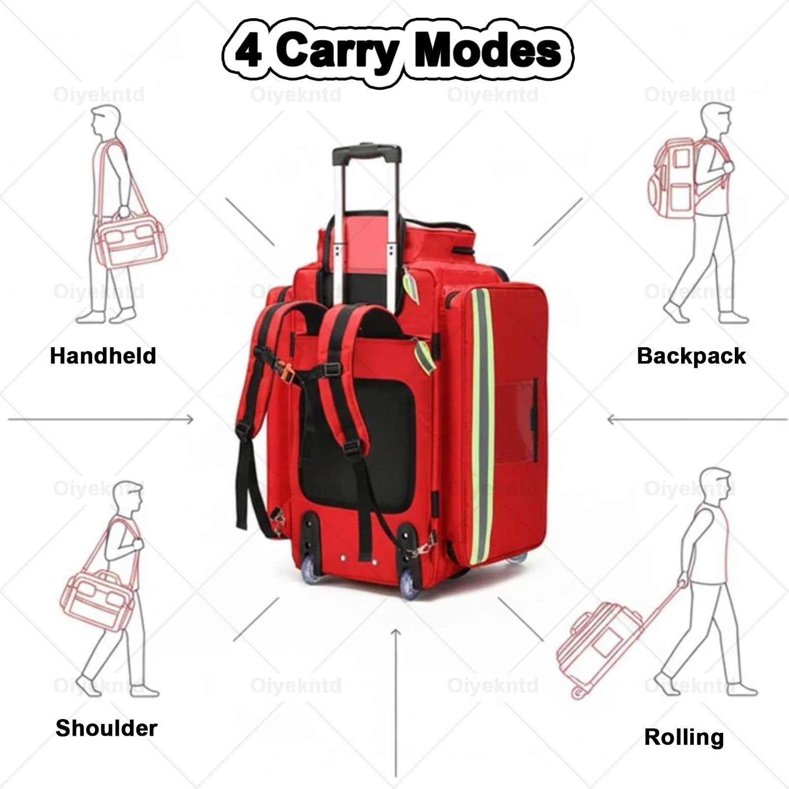 Borsa per kit di primo soccorso e attrezzature mediche con trolley rimovibile; borsa con ruote per infermieri e kit di emergenza, ideale per escursionismo, backpacking, campeggio e viaggi Red-66cm