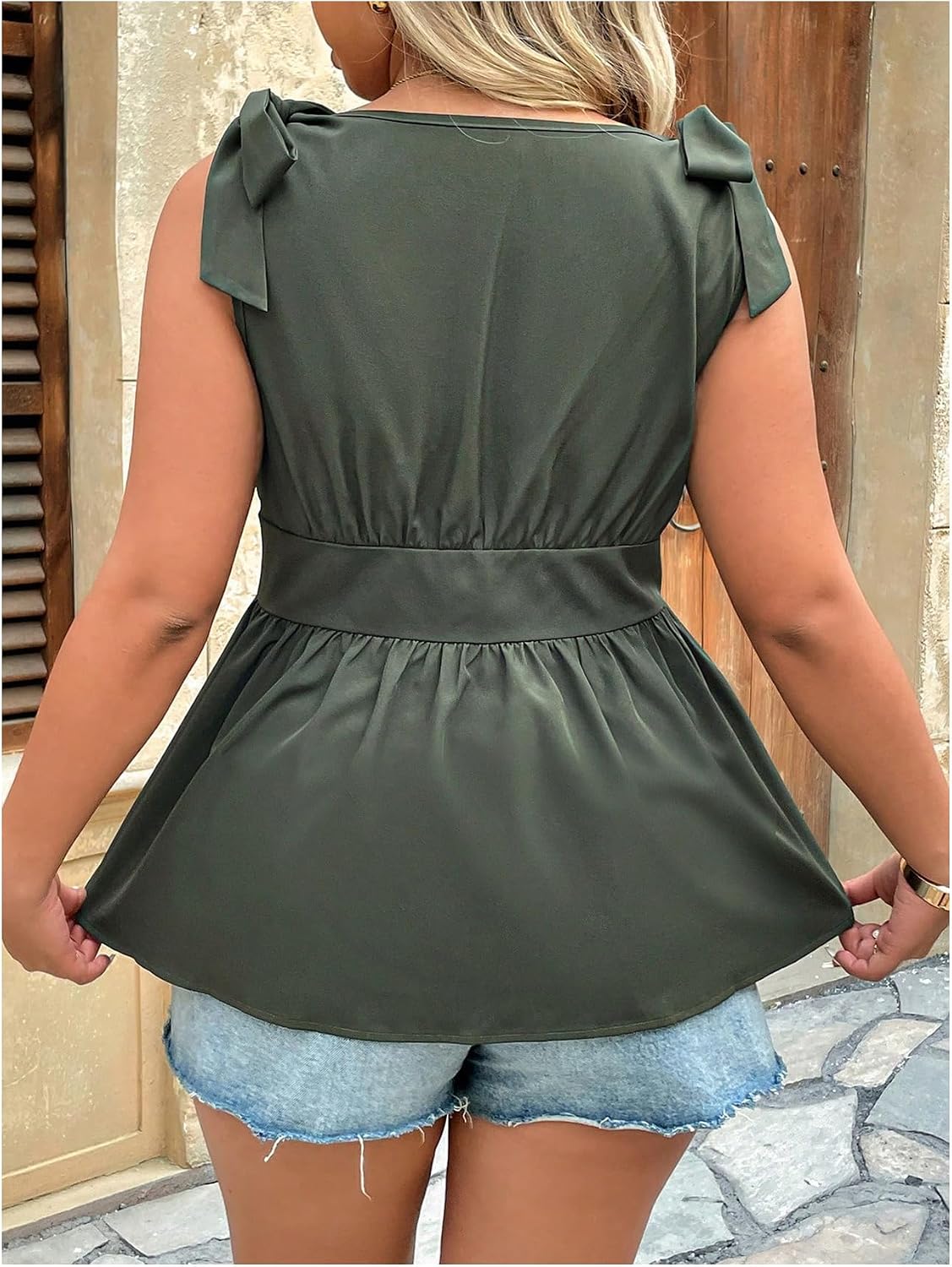 SOLY HUX Women's Plus Size Tank Top Tie Shoulder V Neck Sleeveless Peplum Button Down Tops