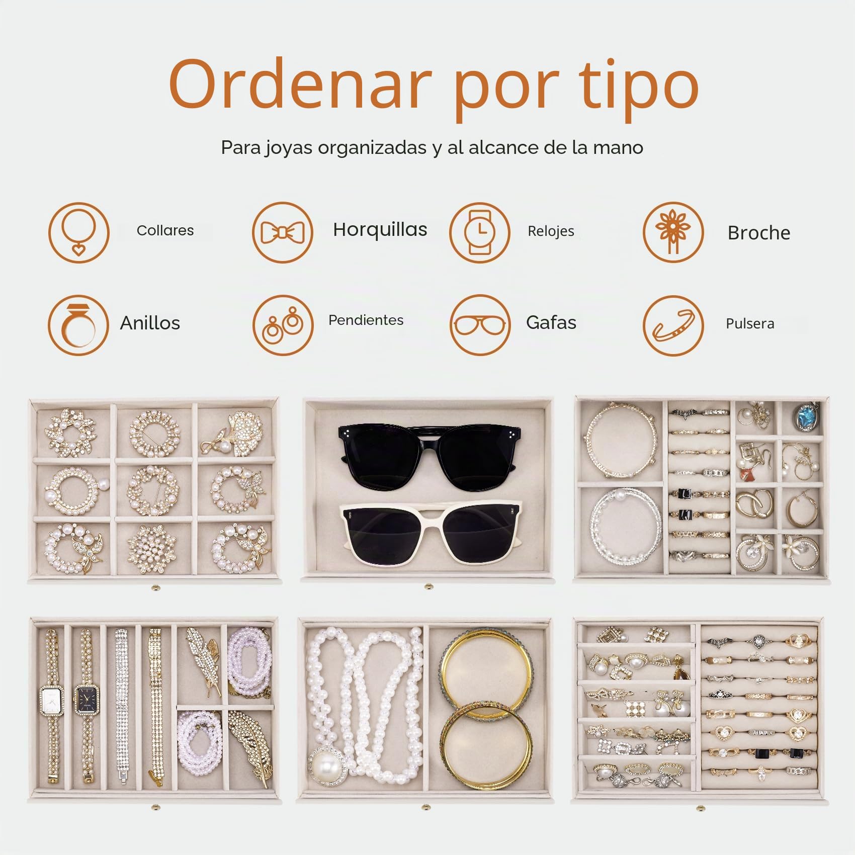Dajasan Grande Joyeros Mujer Organizador, 6 Capas Organizador Joyas, Joyero Mujer con Espejo Para Navidad, San Valentín, Cumpleaños de la Madre, Año Nuevo (Beige)