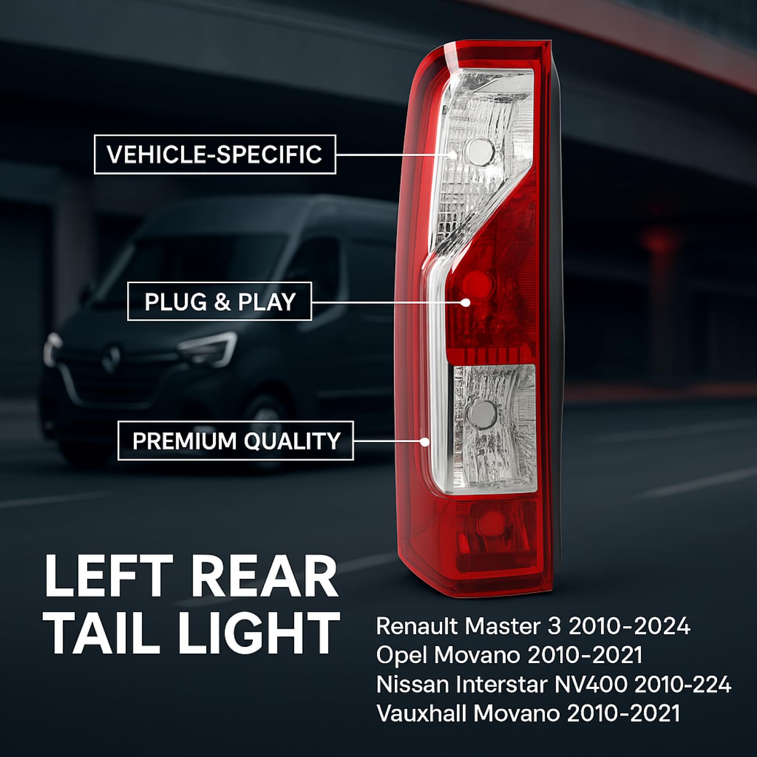 Luce Fanale Posteriore Sinistro Lato Conducente Compatibile con Renault Master 3 2010-2024 Opel Movano 2010-2021 Nissan Interstar NV400 2010-2024 Vauxhall Movano 2010-2021 E-Mark 265550023R