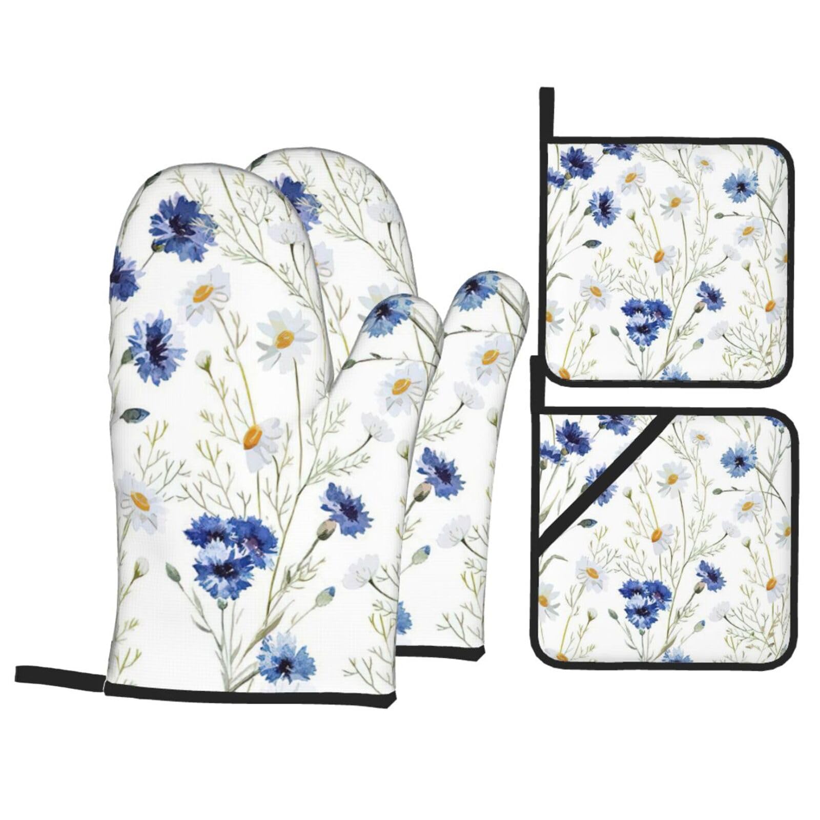 Wild Flowers and Cornflowers Daisies Print 4-Piece Oven Microwaving Set Waterproof Kitchen Gloves for Baking Grilling Cooking