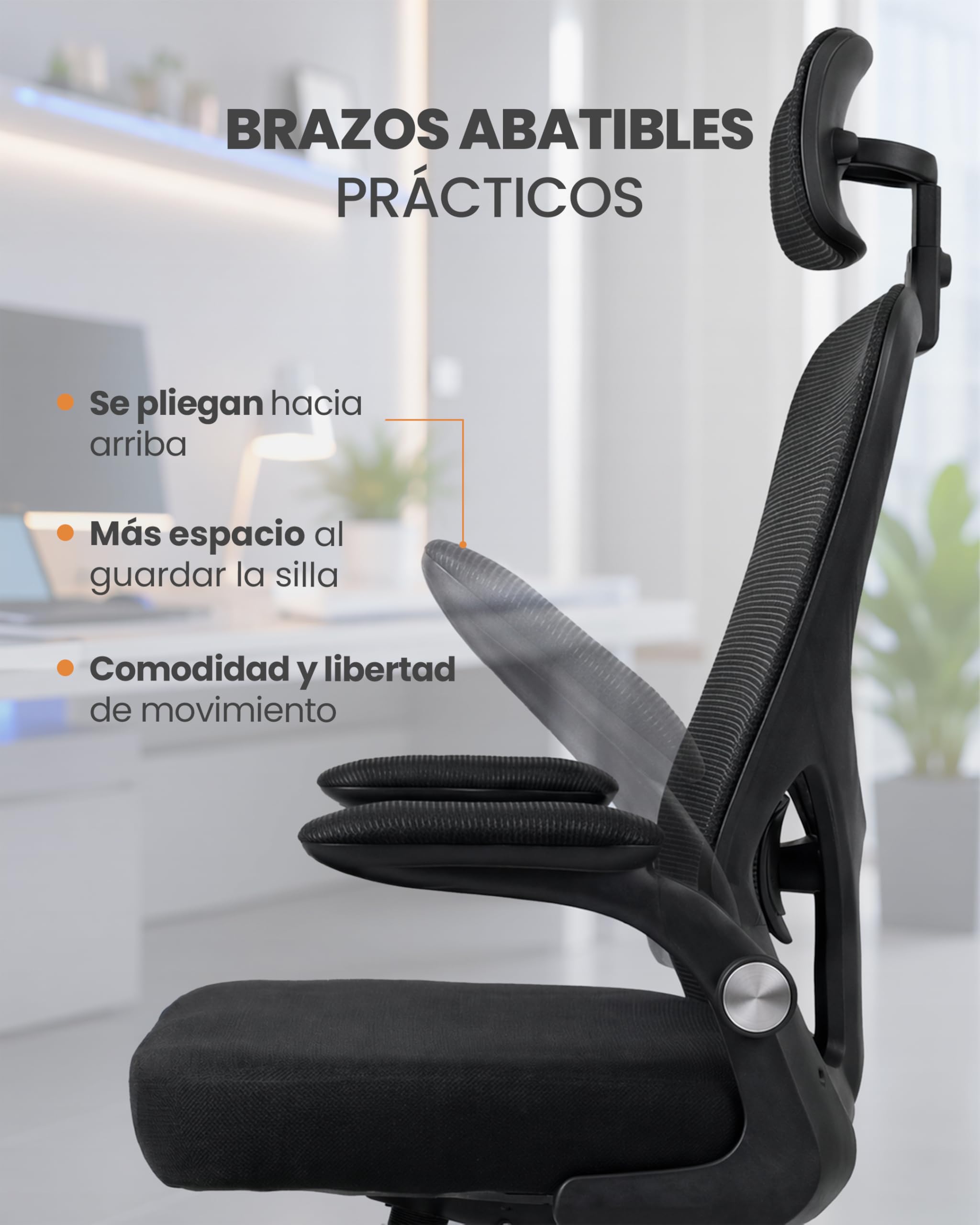 unycos - Silla de Oficina o Escritorio Ergonómica con Reposacabezas y Reposabrazos Abatibles【Soporta hasta 130 kg】 Respaldo con Malla Transpirable, Regulable en Altura, Ruedas Giratorias 360° (Negro)