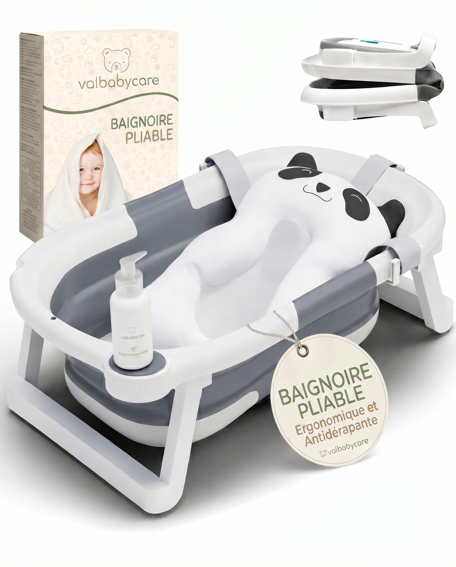 VALBABY Baignoire Pliable Bébé Portable avec Coussin Antidérapant Design Panda Grand et Rembourré Bain Baby Bath Tub