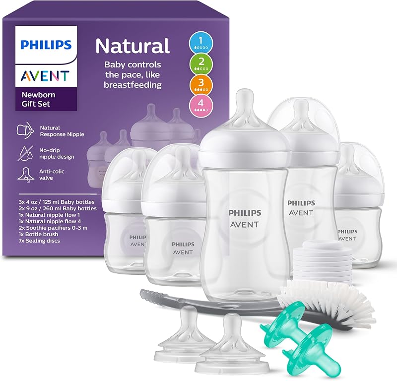 Set de regalo para bebé Philips Avent Natural Response - 5 biberones, chupetes calmantes | 3 biberones de 4 oz y 2 biberones de 9 oz, 0-3 m+, 2 chupetes, respuesta natural, flujo controlado por el bebé, sin BPA, fácil de limpiar, SCD838/02