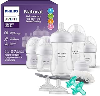 Philips Avent Natural Response 아기 선물 세트 - 느린 유속 젖꼭지가 있는 118.3ml(4온스) 병 3개(레벨 2), 중간 유속 젖꼭지가 있는 266ml(9온스) 병 2개(레벨 3), 추가 젖꼭지 2개, 0-3m 수디 젖꼭지 2개, SCD838/02