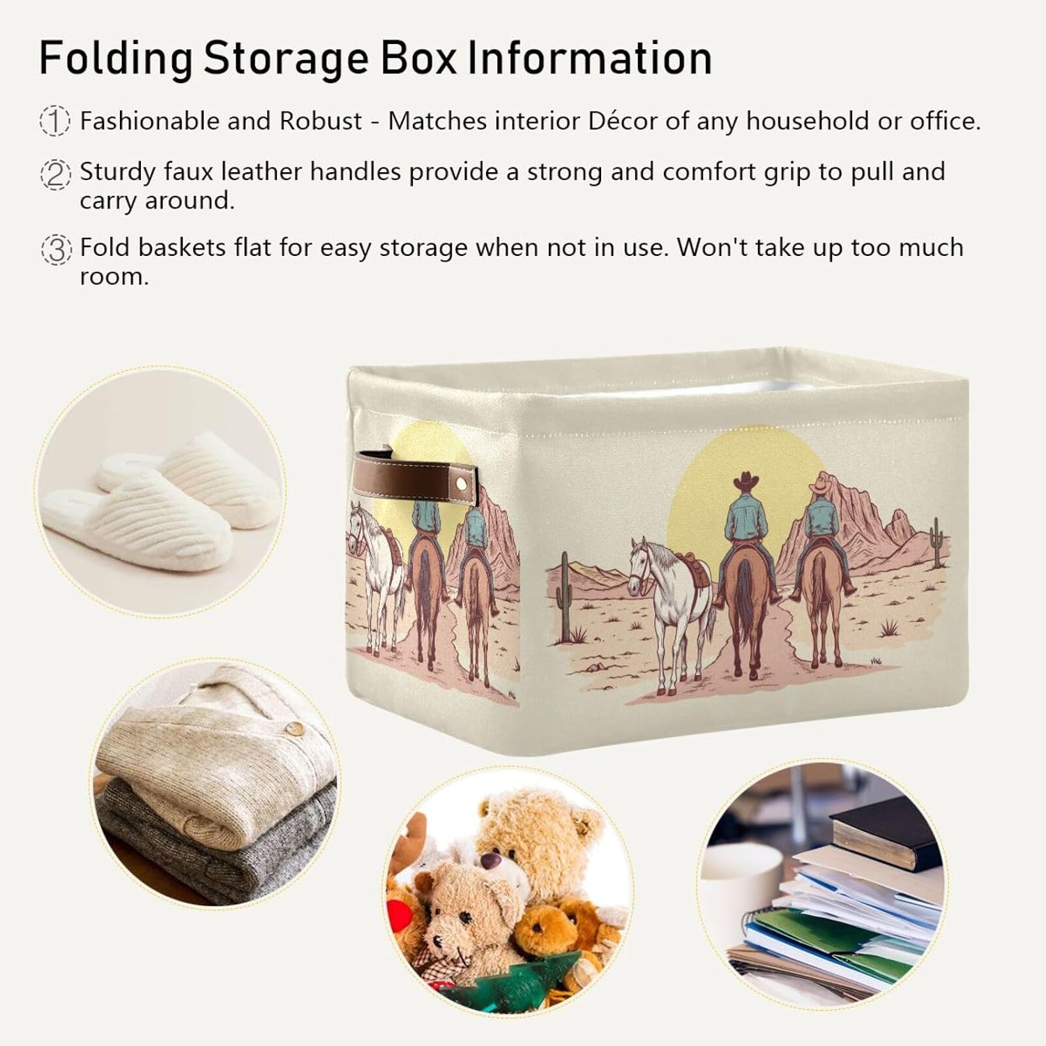 Dussdil West Cowboy Storage Basket Desert Horse Storage Organizer Box Bin Large Collapsible Cube Baskets with PU Handles for Shelf Closet Nursery Laundry 2 Pack