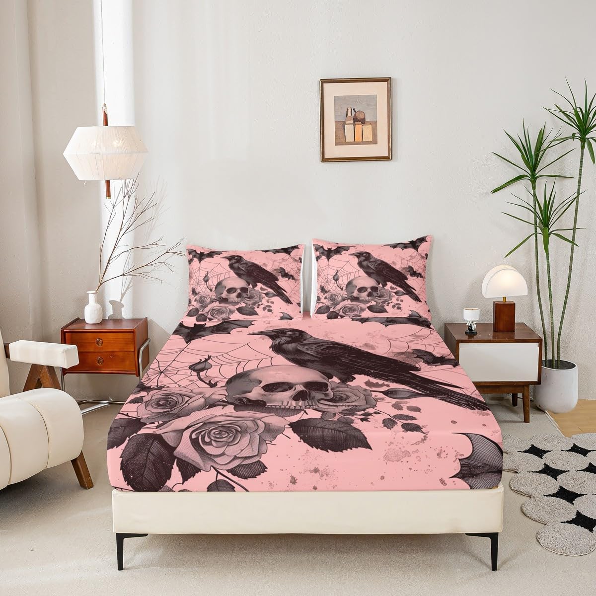 Erosebridal Crow Fitted Sheet Full Size Spider Web Bed Sheets Cobwebs Sugar Skull Skeleton Bats Rose Floral Flowers Pink Bed Set Halloween Women Deep Pocket Sheets