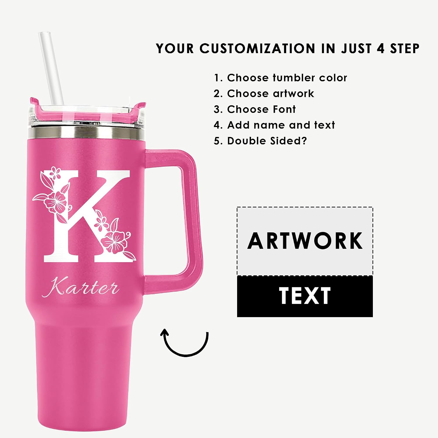 Floral Initial Split Monogram Personalized Tumbler 40 oz Laser Engraved, Insulated Cup with Handle, Lid and Straw, Gifts for Women, Personalized Valentines Day Birthday Gifts for Her